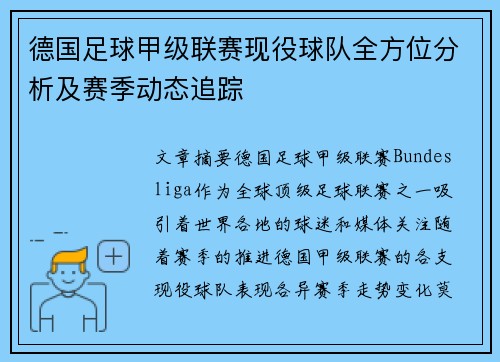 德国足球甲级联赛现役球队全方位分析及赛季动态追踪